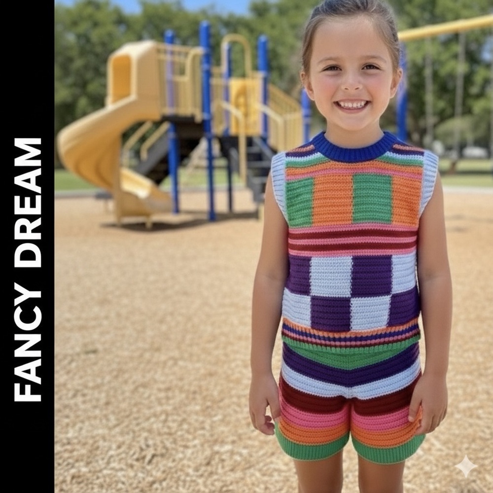 FANCY DREAM Girl’s Colorful Checked & Striped Crocheted Short Set Size Small NWT